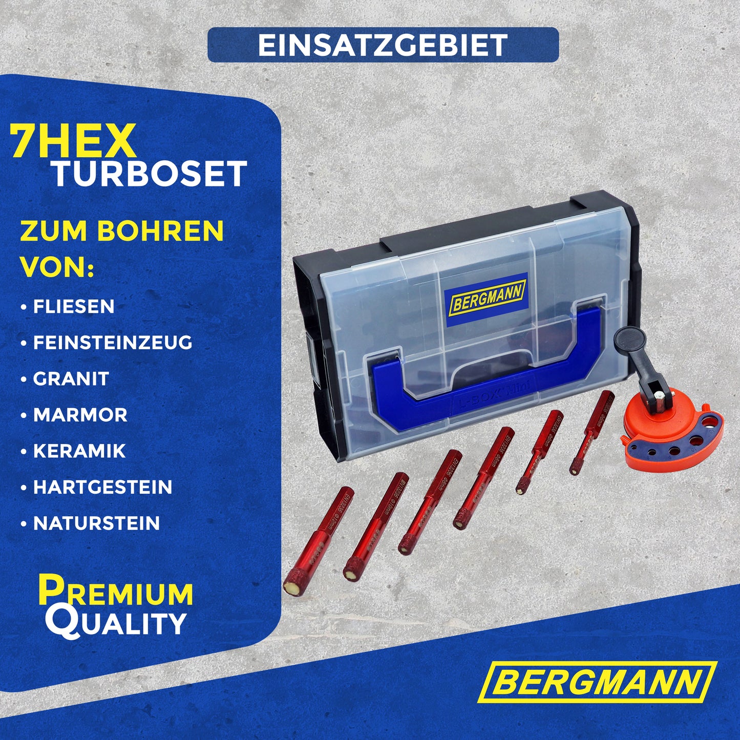 BERGMANN® diamanttegelborenset 7-delig. Zeshoekige houder maten 2x6/2x8/10/12 + boorhulp