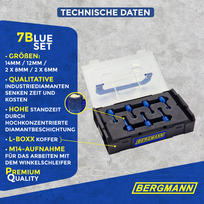 Diamant Fliesenbohrer Set 7-tlg. M14 Aufnahme 2x6/2x8/10/12/14 für Winkelschleifer