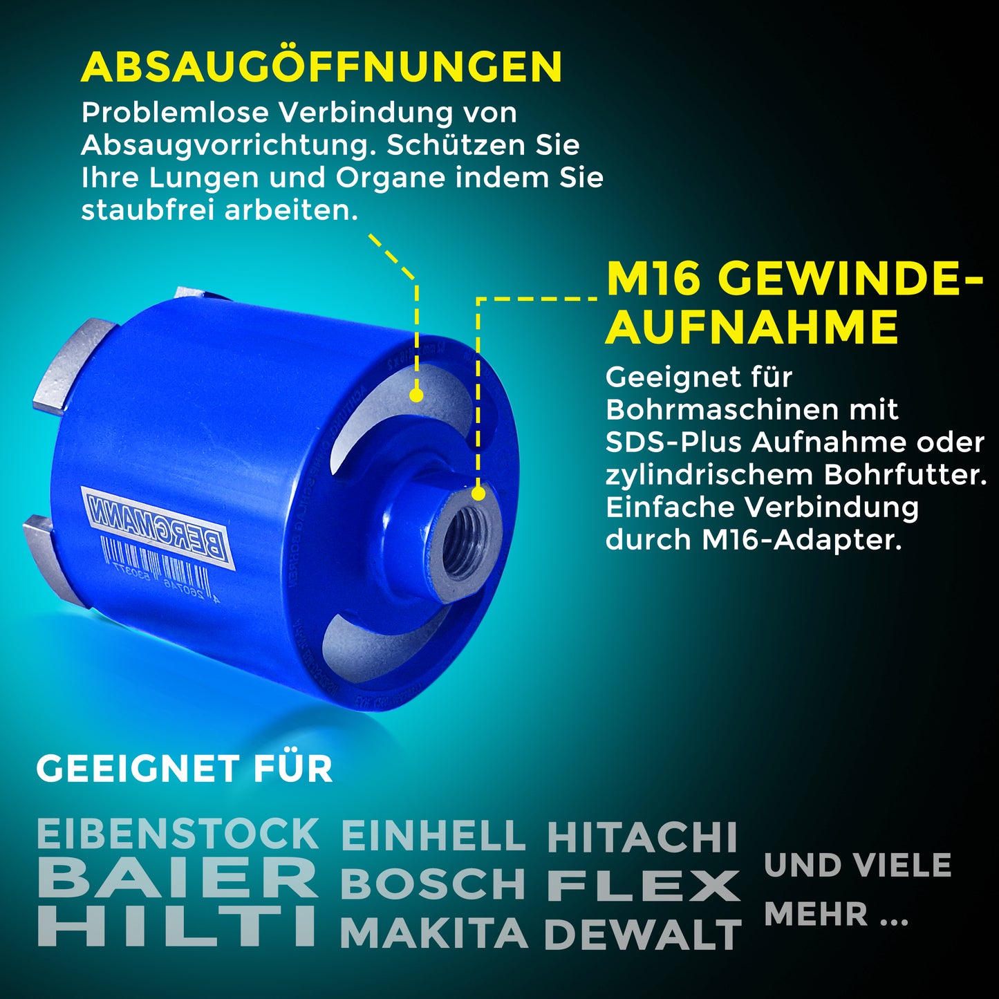 XL - Diamant Dosensenker im Set mit Absaugung + SDS Plus | MADE in EU Diamantbohrkrone im Set | für Eibenstock, Baier, Hilti uvm.