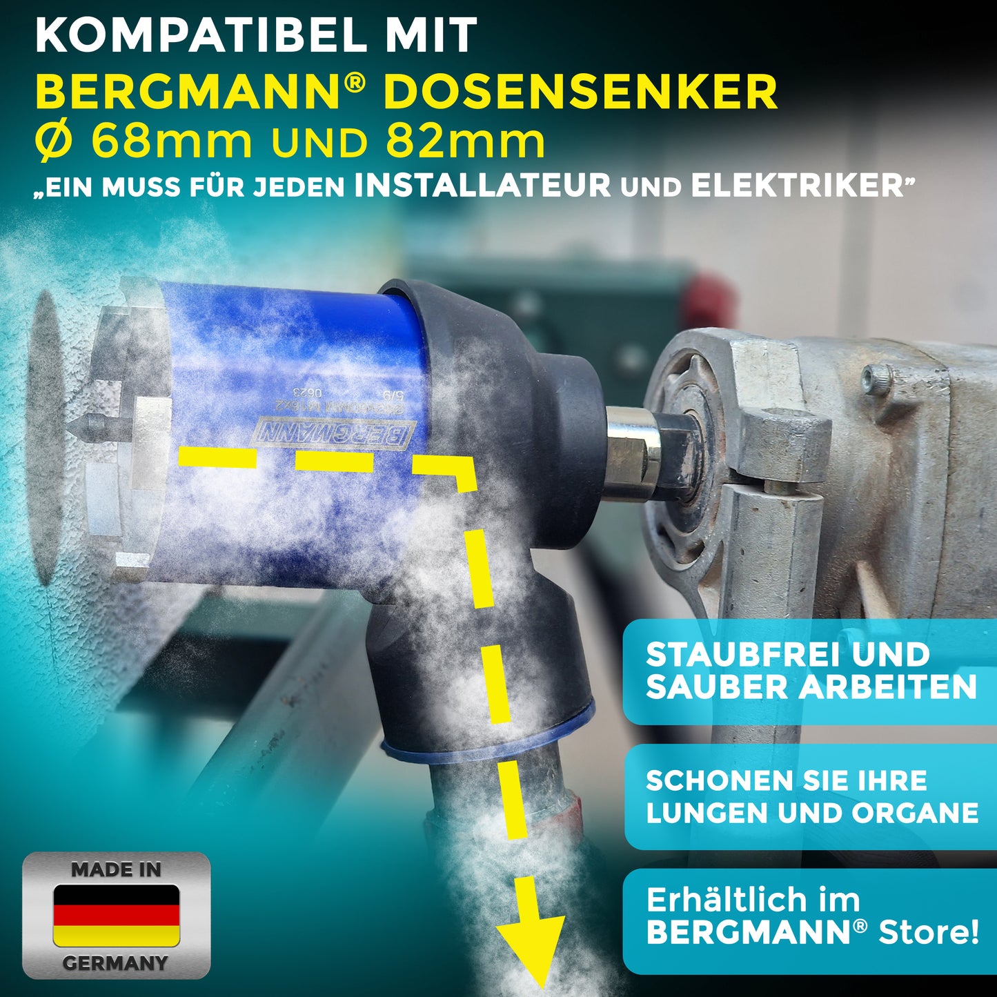 Dosensenker Absaugung M16 innen / M16 außen + Sechskant | MADE in GERMANY | Diamantbohrkrone Absaugung für Bohrkrone 68mm / 82mm- Staubabsaugung - Absaughaube