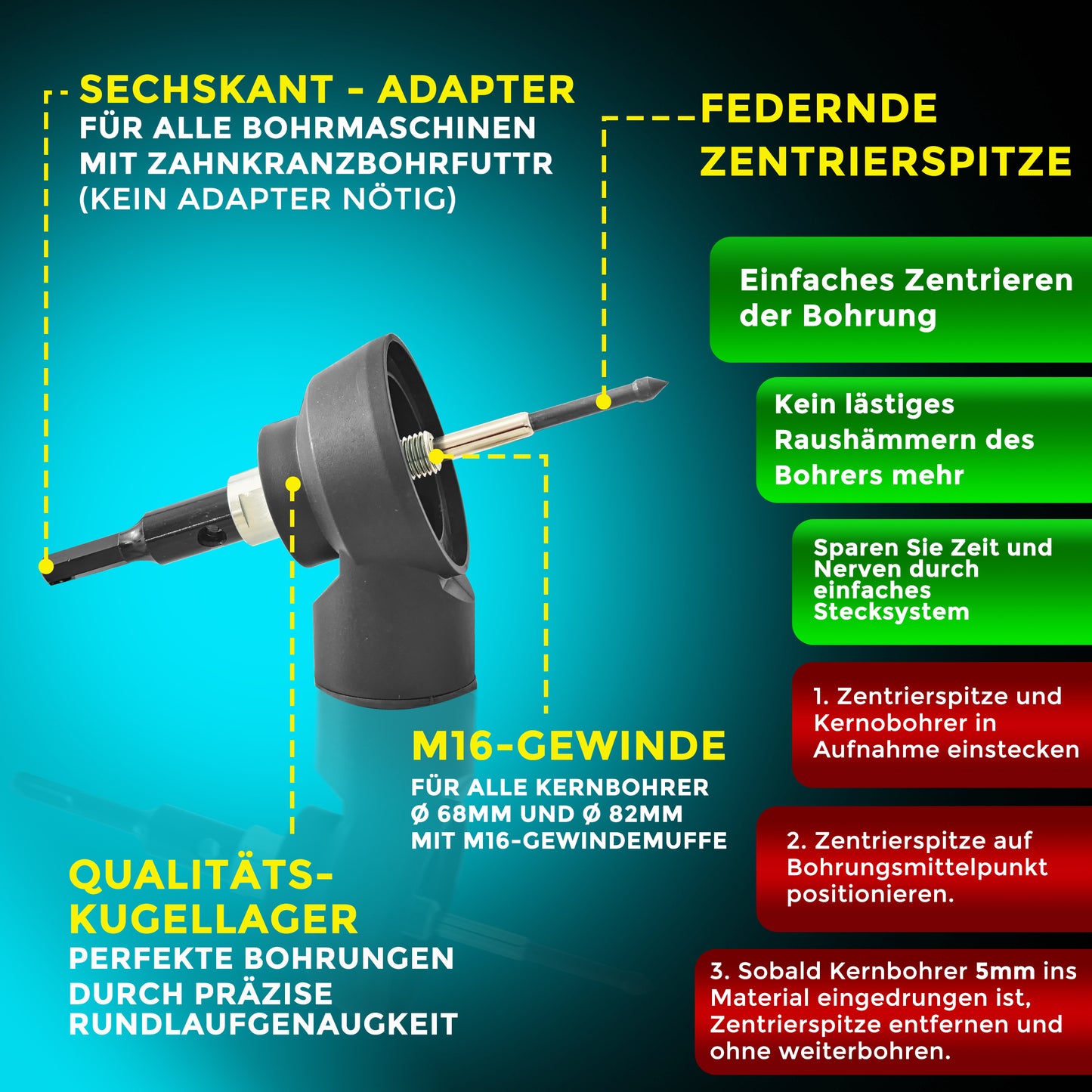 Dosensenker Absaugung M16 innen / M16 außen + Sechskant | MADE in GERMANY | Diamantbohrkrone Absaugung für Bohrkrone 68mm / 82mm- Staubabsaugung - Absaughaube